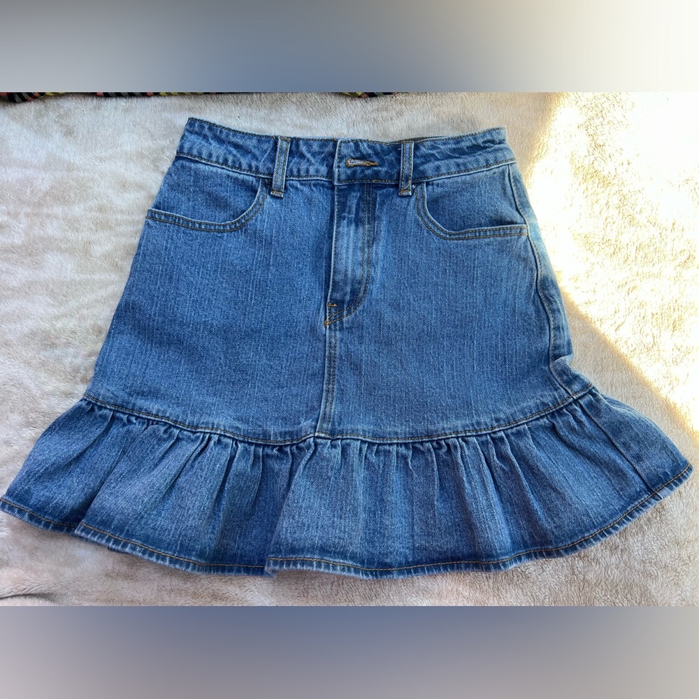Ruffle-Hem Denim A-Line Skirt - Blue sizeS